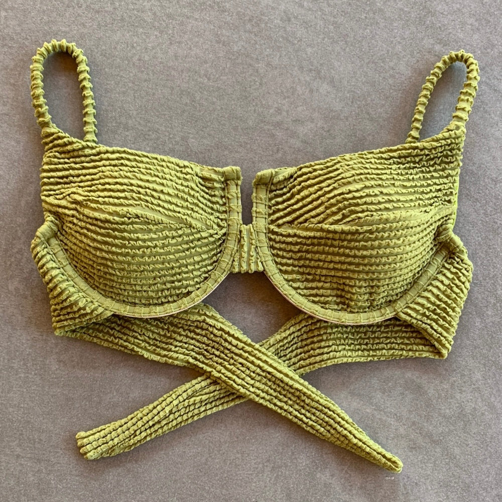 Pistachio Green Textured Panneled Bikini Top-1