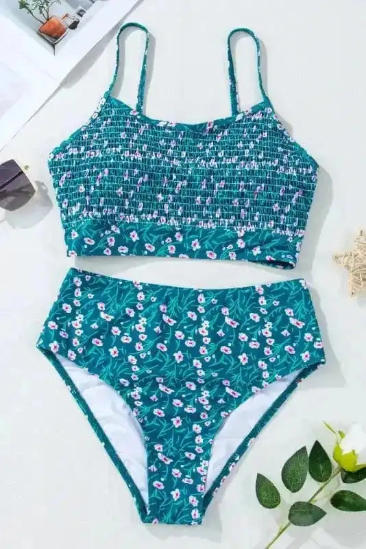 Blue Floral Smocked Bikini Set-4