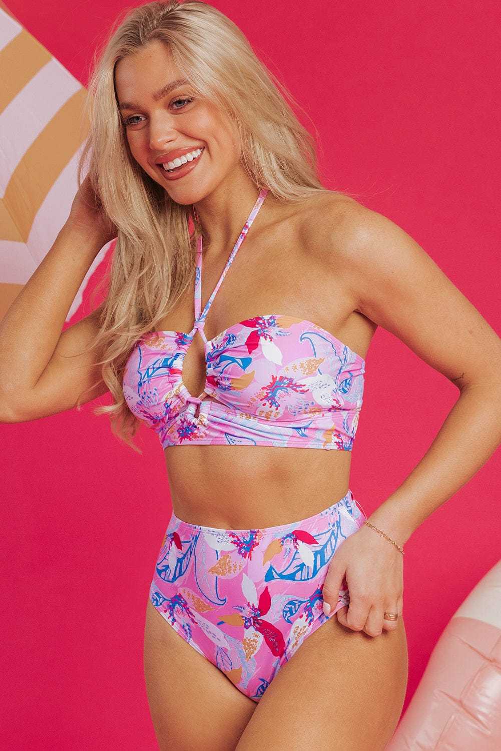 Pink Floral High Waist Bikini-4