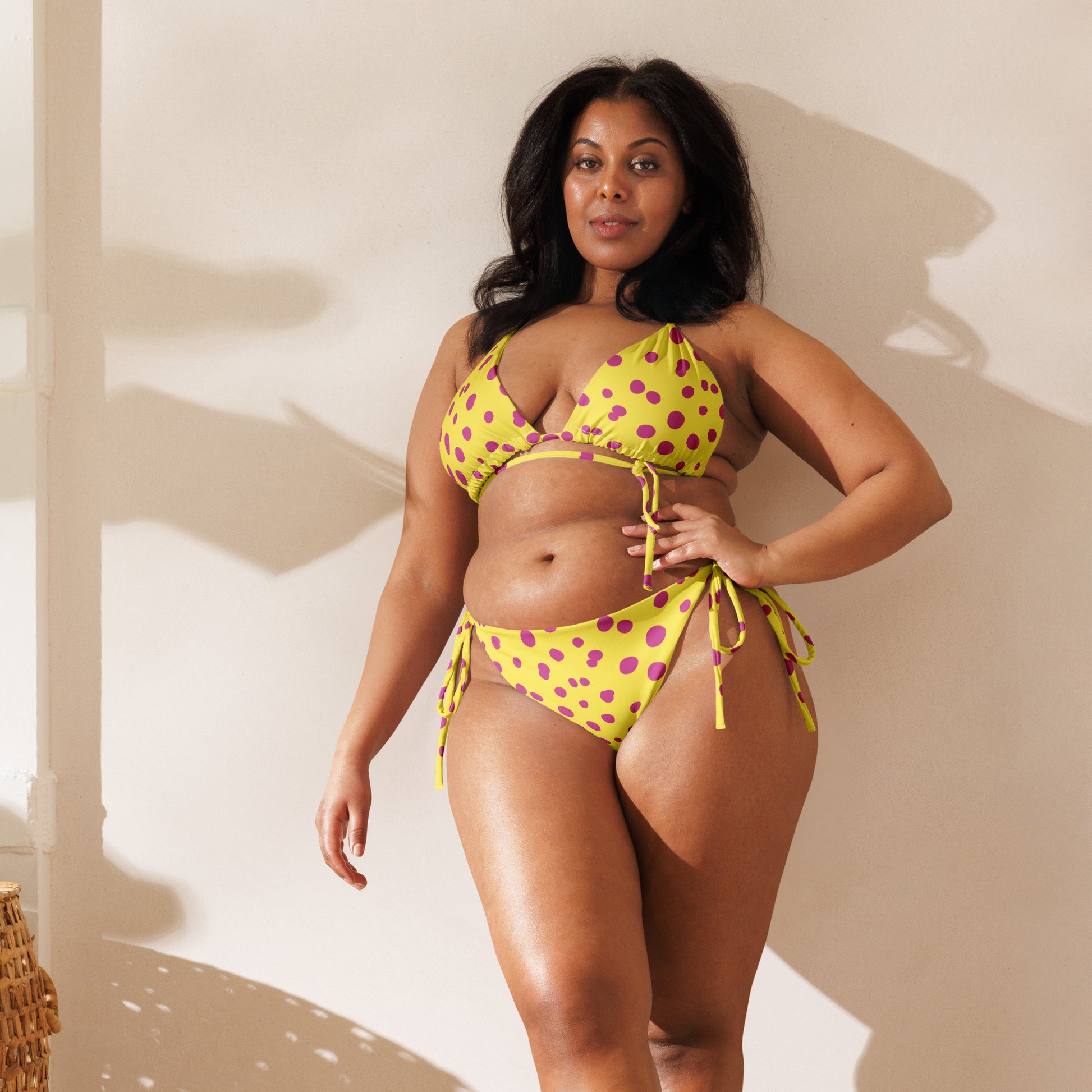 Yellow Sunny Pink polka dot recycled string bikini-9