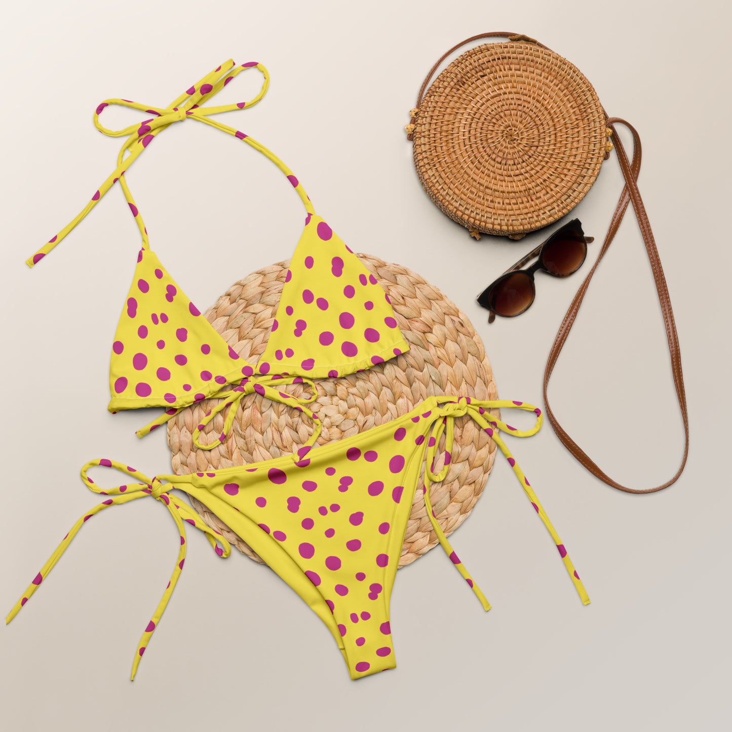 Yellow Sunny Pink polka dot recycled string bikini-1
